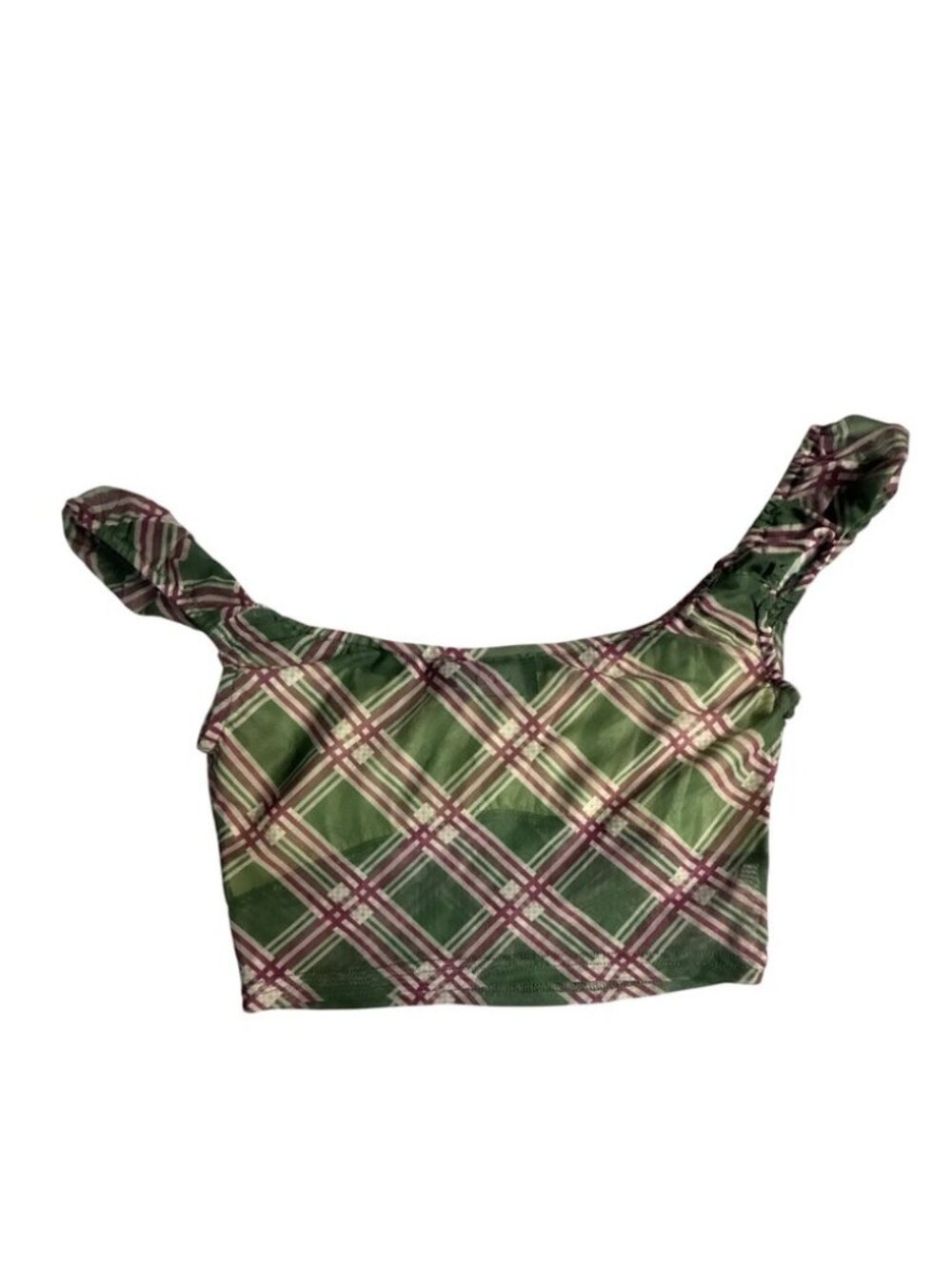 Green Pink Plaid Ruched Crop Top Cap Sleeve Mesh Stretch Small - Picture 2 of 2